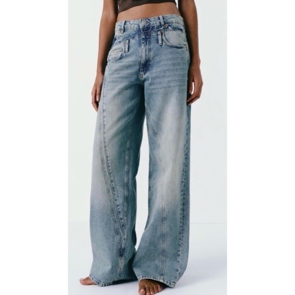 Zara Denim - Zara Double Waist Wide Leg Distressed Jeans Light wash Denim Streetwear Size 12